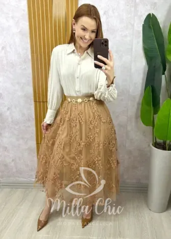 Milla Chic - Saia Celina Em Tule Bordado - Bege