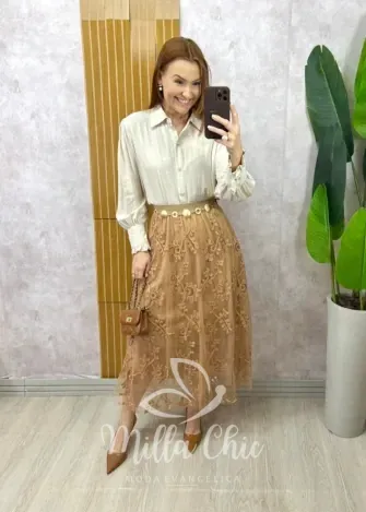 Milla Chic - Saia Celina Em Tule Bordado - Bege