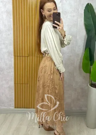 Milla Chic - Saia Celina Em Tule Bordado - Bege