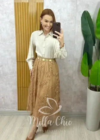 Milla Chic - Saia Celina Em Tule Bordado - Bege