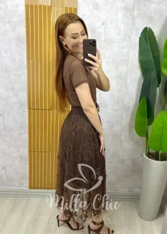 Milla Chic - Saia Celina Em Tule Bordado - Marrom