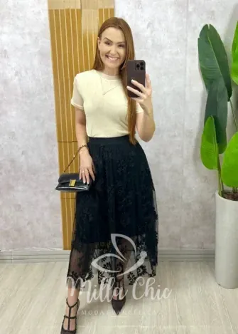 Milla Chic - Saia Celina Em Tule Bordado - Preto