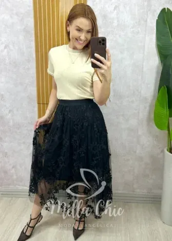 Milla Chic - Saia Celina Em Tule Bordado - Preto