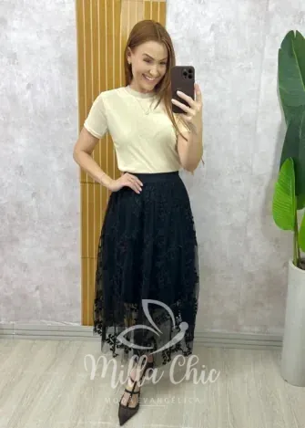 Milla Chic - Saia Celina Em Tule Bordado - Preto