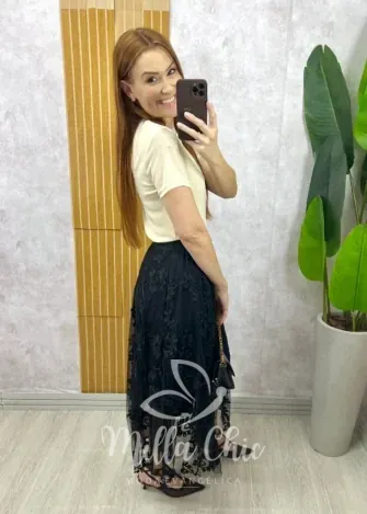 Milla Chic - Saia Celina Em Tule Bordado - Preto