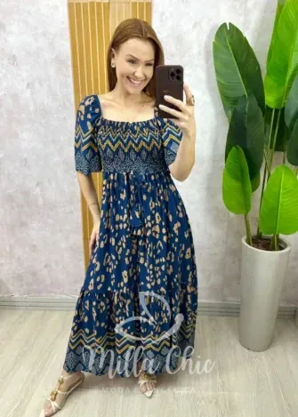 Milla Chic - Vestido Daiane em Viscolinho - Azul