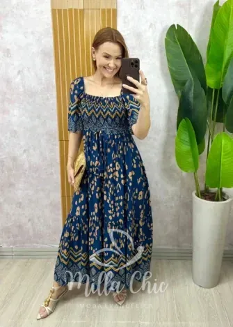 Milla Chic - Vestido Daiane em Viscolinho - Azul