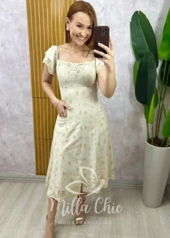 Milla Chic - Vestido Eliara Em Linho Bordado - Areia