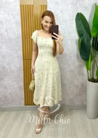 Milla Chic - Vestido Eliara Em Linho Bordado - Areia
