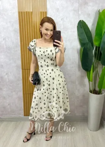 Milla Chic - Vestido Eliara Em Linho Bordado - Areia com Preto
