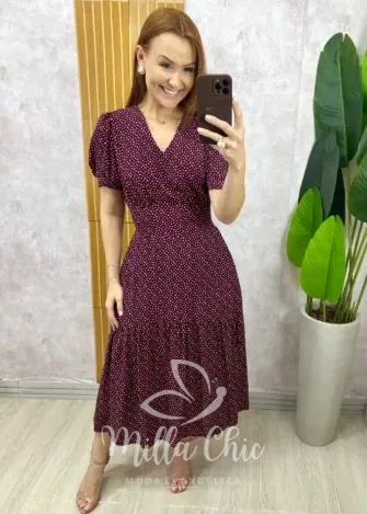 Milla Chic - Vestido Lilian Em Viscolinho Em Poá - Azul Marinho (cópia)