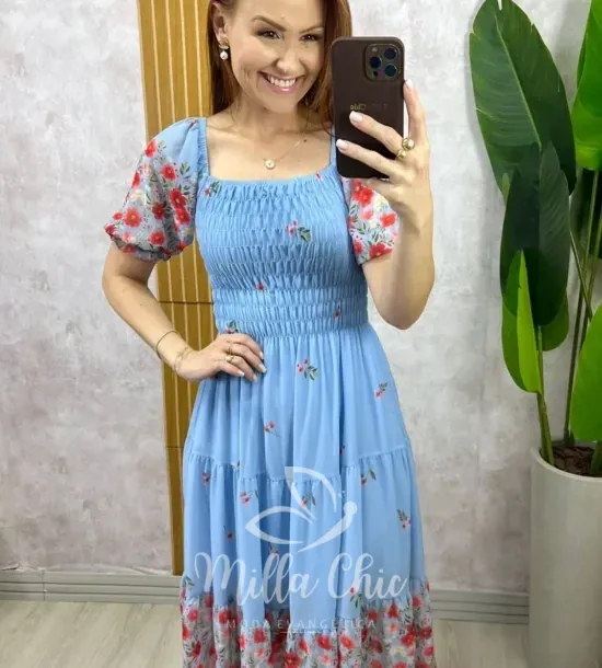 Vestido Longo Gislaine Em Chiffon - Azul - Milla Chic
