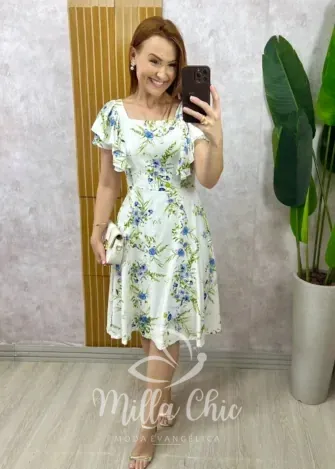 Milla Chic - Vestido Louise Em Linho Estampado - Manteiga (cópia)