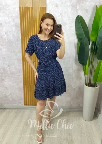 Milla Chic - Vestido Noêmia Em Viscolinho Em Poá- Azul Marinho