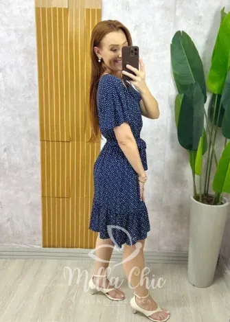 Milla Chic - Vestido Noêmia Em Viscolinho Em Poá- Azul Marinho