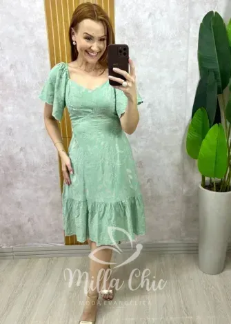 Milla Chic - Vestido Thamires Em Viscolinho Bordado - Pistache