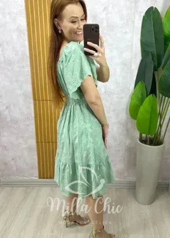 Milla Chic - Vestido Thamires Em Viscolinho Bordado - Pistache