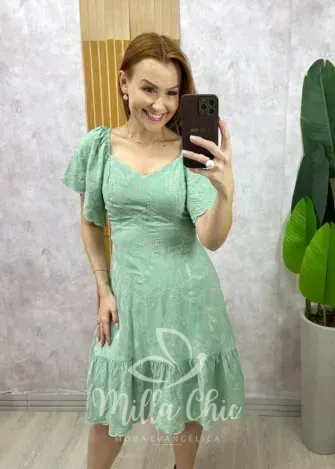 Milla Chic - Vestido Thamires Em Viscolinho Bordado - Pistache