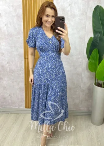 Milla Chic - Vestido Lilian Em Viscolinho Em Poá - Azul Marinho (cópia)