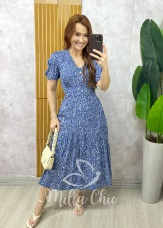 Milla Chic - Vestido Lilian Em Viscolinho Em Poá  - Azul Marinho (cópia)