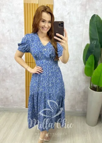 Milla Chic - Vestido Lilian Em Viscolinho Em Poá  - Azul Marinho (cópia)