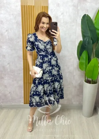 Milla Chic - Vestido Priscila Em Leise bordada - Azul Marinho