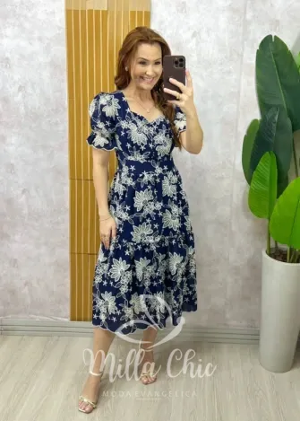 Milla Chic - Vestido Priscila Em Leise bordada - Azul Marinho