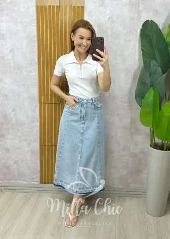 Milla Chic - Blusa Tânia Gola Polo Zíper - Branca