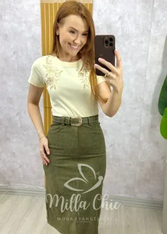 Milla Chic - Saia Aline em Cotelê - Bege (cópia)