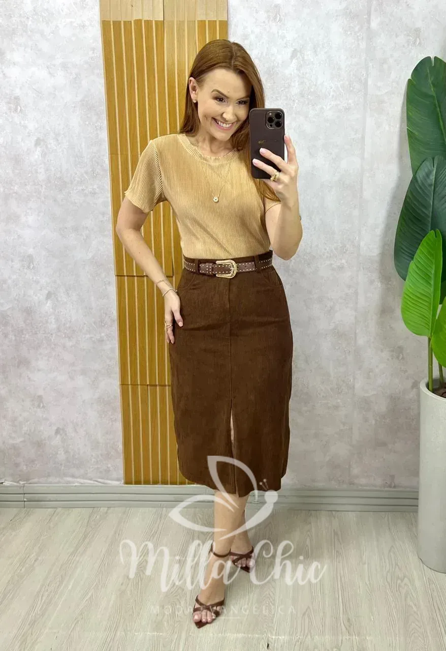 Milla Chic – Saia Aline em Cotelê – Marrom Milla Chic - Saia Aline em Cotelê - Marrom