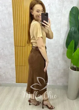 Milla Chic - Saia Aline em Cotelê - Marrom