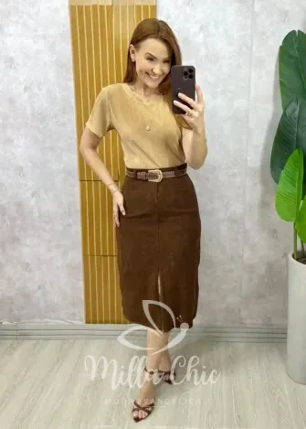 Milla Chic - Saia Aline em Cotelê - Marrom
