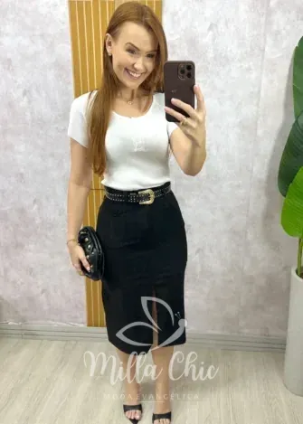 Milla Chic - Saia Aline em Cotelê - Preta