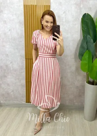 Milla Chic - Vestido Graciele em Viscolinho listrado - Azul (cópia)