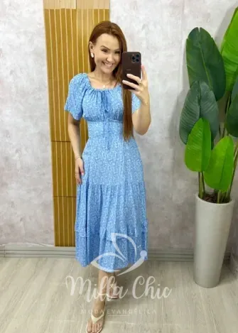 Milla Chic - Vestido Ivone Em Viscolinho - Azul