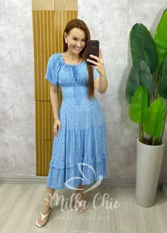 Milla Chic - Vestido Ivone em viscolinho - Azul marinho estampado (cópia)