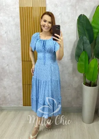 Milla Chic - Vestido Ivone em viscolinho - Azul marinho estampado (cópia)