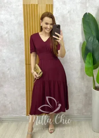 Milla Chic - Vestido Lilian Em Viscolinho Em Poá  - Açaí (cópia)