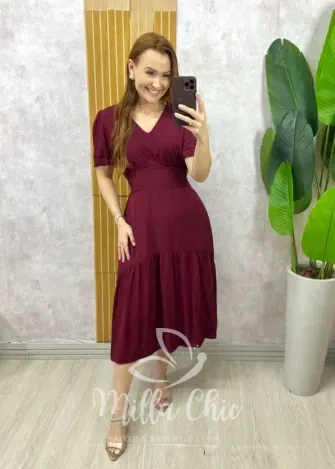 Milla Chic - Vestido Lilian Em Viscolinho Em Poá - Açaí (cópia)