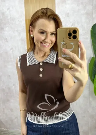 Milla Chic - Blusa Colete Amélie Tricot Chic - Marrom