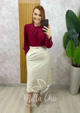 Milla Chic - Saia Lourdes Clássica Midi - Areia