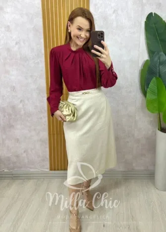 Milla Chic - Saia Lourdes Clássica Midi - Areia