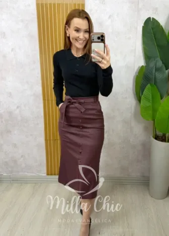 Milla Chic - Blusa Ligia Manga Longa em Tricot Modal - Marrom