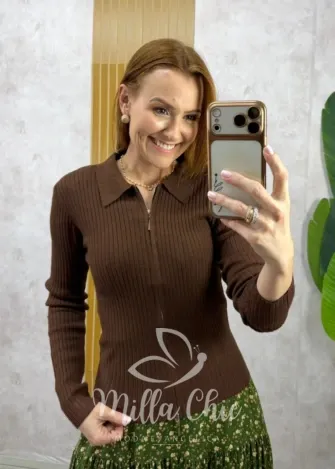 Milla Chic - Casaquinho Emília em  Tricot modal - Marrom