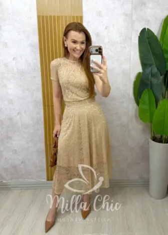 Milla Chic - Conjunto Lidiane em renda chantilly - Caramelo