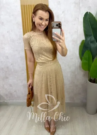 Milla Chic - Conjunto Lidiane em renda chantilly - Caramelo