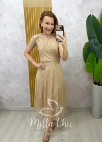 Milla Chic - Conjunto Lidiane em renda chantilly - Caramelo