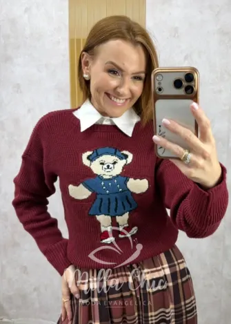 Milla Chic - Suéter Ursinha Chic em Tricot - Cherry