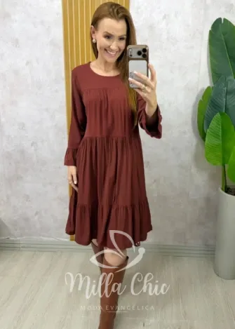 Milla Chic - Vestido Dinorá em Viscolinho - Marrom