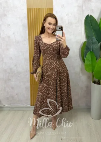 Milla Chic - Vestido Dinorá em Viscolinho - Marrom (cópia)